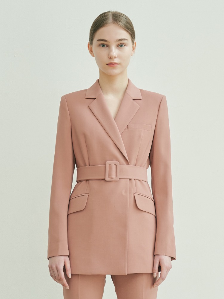 BELTED DOUBLE BREASTED JACKET - CORAL BROWN